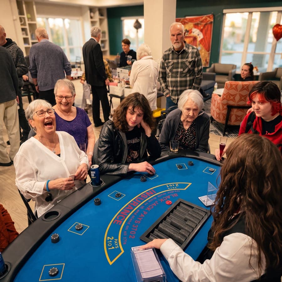 Guests laughing together at the rail of the blackjack table