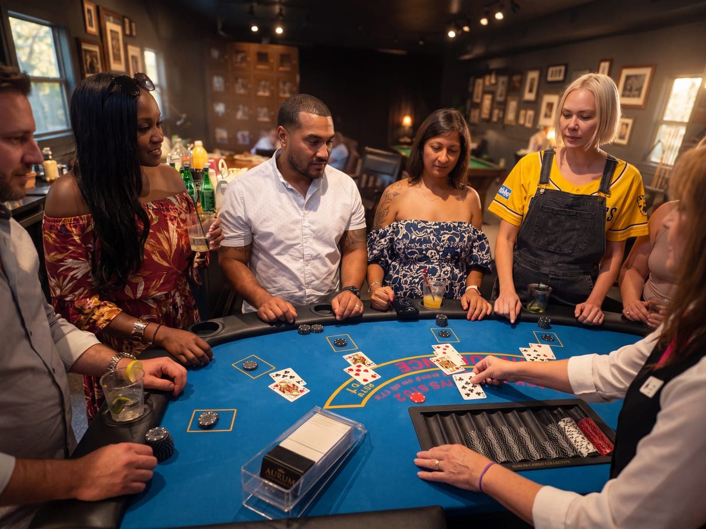 Guests gathered around a blackjack table as the dealer plays a round in a warmly lit lodge